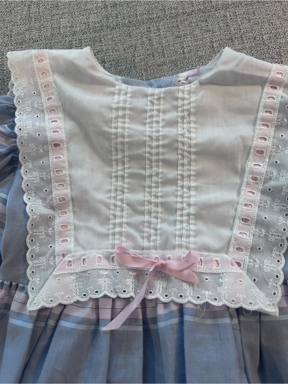 Blue and Pink Striped Girls Dress with Lace Bib. Size 6-8